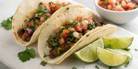 Three tacos filled with meat and vegetables served with lime wedges and a bowl of salsa on a plate