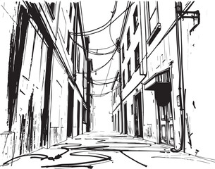 Gloomy urban alleyway, back streets. Hand drawn vector illustration