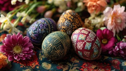 Ornate Easter Eggs amidst Flowers