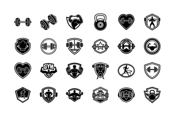 Gym Icon Set. Weightlifting, Fitness, Bodybuilding, Dumbbell, Workout, Gym Logo, Exercise, Strength, Muscle, Fitness Icon, Powerlifting, Training, and More. Editable Stroke. Vector Illustration.