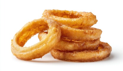 Stack of golden-brown onion rings, slightly overlapping, against a white background