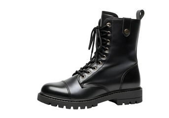 Stylish Black Leather Combat Boot with Laces and Lug Sole.