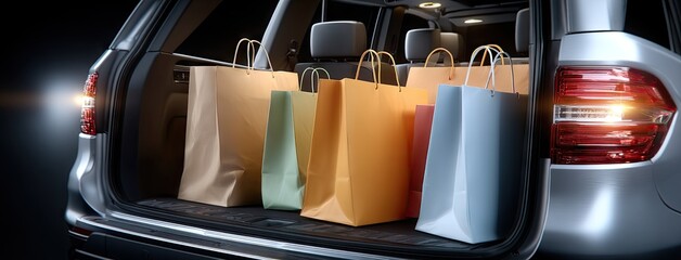Shopping bags filled with gifts arranged in a car trunk during a weekend outing in a suburban area