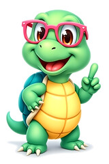 Obraz premium Cartoon Cute Turtle with Glasses Pointing and Smiling – Friendly Animal Character