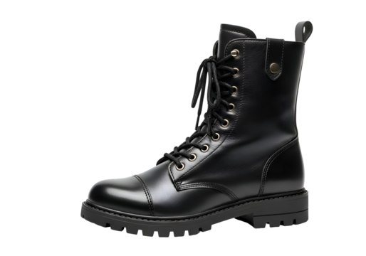 Stylish Black Leather Combat Boot with Laces and Lug Sole.