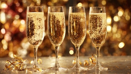 Four champagne flutes filled with sparkling wine, celebratory ambiance