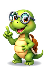 Obraz premium Cartoon Cute Turtle with Glasses Pointing and Smiling – Friendly Animal Character