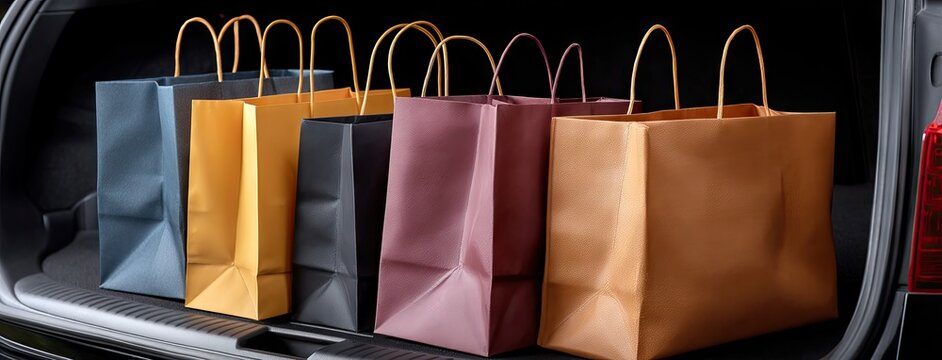 Shopping bags filled with gifts arranged in a car trunk during a weekend outing in a suburban area - Powered by Adobe