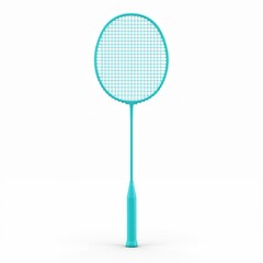 Turquoise blue badminton racket with modern design and professional string pattern isolated on white background for sports retail product photography