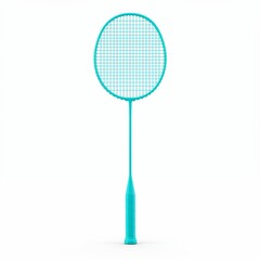 Professional turquoise badminton racket with mesh strings isolated on white background for sports equipment catalogs and athletic gear marketing