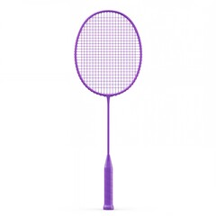 Close-up purple badminton racket head showing detailed professional string mesh pattern and frame construction for sports equipment documentation