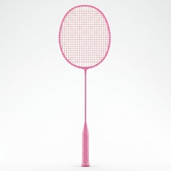 Pink badminton racket front view with detailed string mesh on light gray background for sports equipment product photography