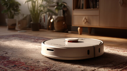 Robot vacuum cleaner vacuuming dust at home with no people around