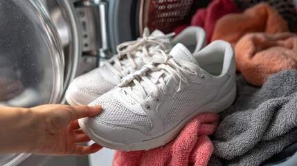 Woman putting white sneakers into washing machine. Home shoe cleaning routine. Laundry of dirty footwear. Washing fabric sports shoes. Freshness and hygiene. Modern household appliance use.