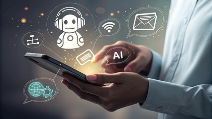 Man Uses Smartphone with AI Hologram Interface for Modern Technology Concept