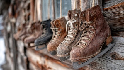 Vintage ice skates hanging on rustic log cabin wall