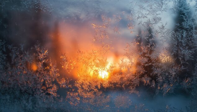 Frozen sunset view through frosted windowpane