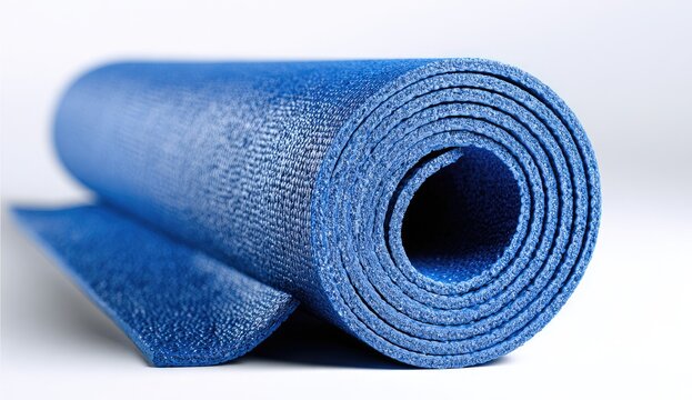 Rolled blue exercise mat on white background.  Close-up view