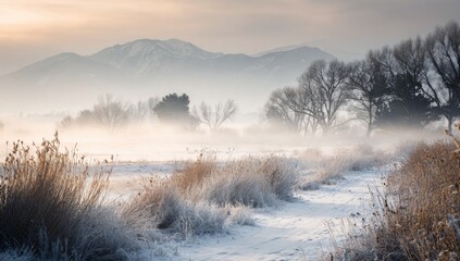 Misty winter landscape, snow-covered field, distant mountains