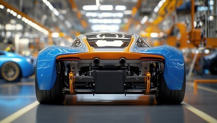 Rear view of a futuristic sports car in a modern factory.  The car is vibrant blue with orange accents, its chassis visible.  Industrial machinery and  other vehicles are blurred in the background
