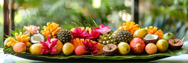 A tropical paradise on a platter a bright fruit arrangement filled with exotic fruits like papaya coconut and passion fruit.