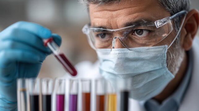 Scientist Analyzing Blood Samples with Test Tubes in Laboratory Setting