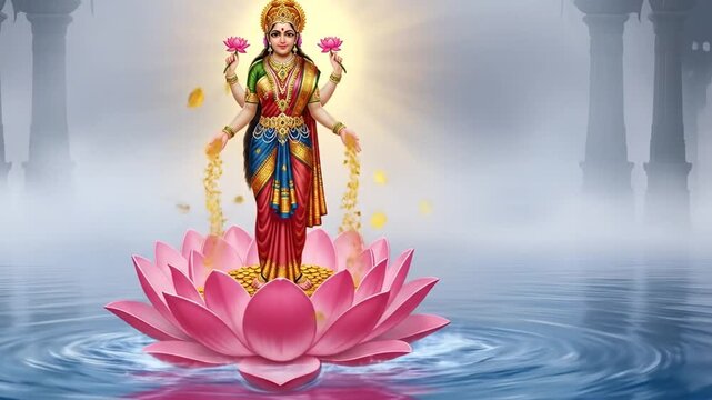 Divine Hindu Goddess Lakshmi Radiating Light and Showering Gold Coins from a Floating Pink Lotus.
