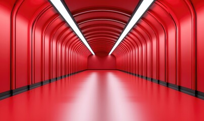 Sleek red tunnel featuring arching walls and a reflective floor, illuminated by long, bright, overhead lights that converge towards the vanishing point creating depth and symmetry