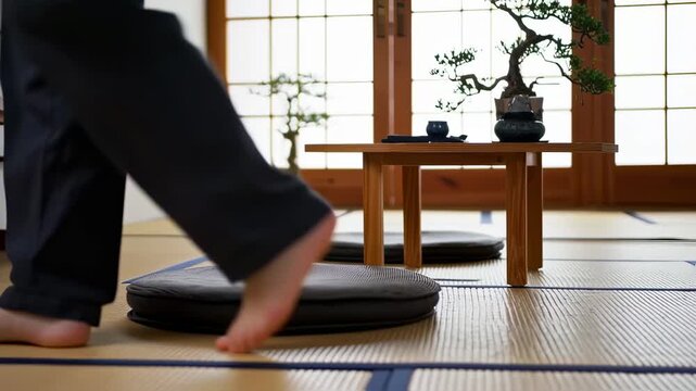 Barefoot person walking on tatami mats in Japanese room.