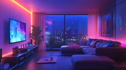 Modern apartment interior with neon lighting and city view at night photo