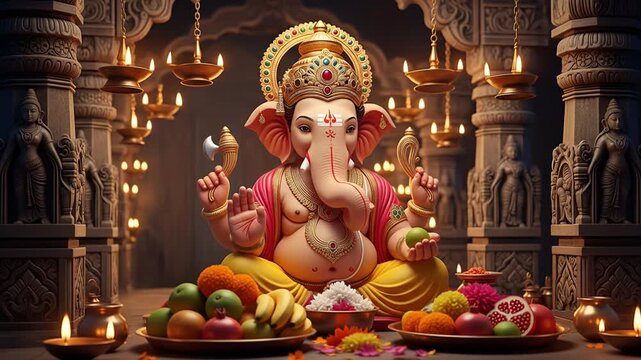 Divine Lord Ganesha Statue in a Grand Temple, Illuminated by Warm, Flickering Diya Oil Lamps and Offerings for Ganesh Chaturthi