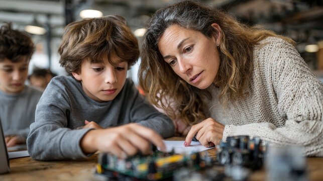 Engaging Mother and Son Exploring Electronics Together in Workshop - Powered by Adobe