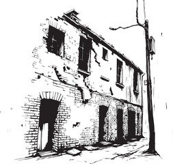 Gloomy urban alleyway, back streets. Hand drawn vector illustration