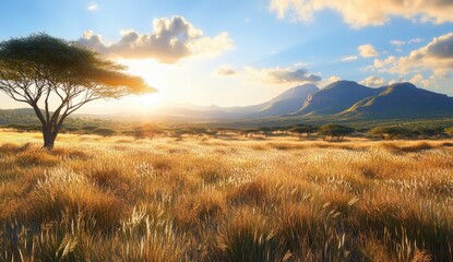 Fototapeta premium African savanna at sunset. Lush golden grass field stretches to distant mountains under a vibrant sunset sky. A tall acacia tree dominates the foreground