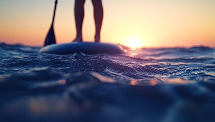 Silhouette of person stand-up paddleboarding at sunset.  Low angle view focusing on the water's surface with the paddleboard and person's legs in the foreground, warm sunset hues in the background