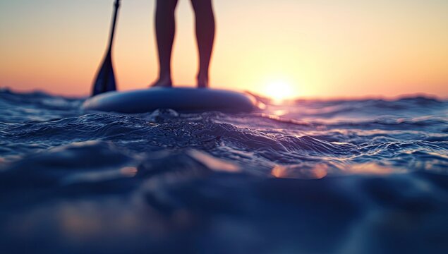 Silhouette of person stand-up paddleboarding at sunset. Low angle view focusing on the water's surface with the paddleboard and person's legs in the foreground, warm sunset hues in the background