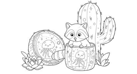 Cute raccoon peeking out of a jar with jellyfish, surrounded by cacti and plants in a whimsical coloring page