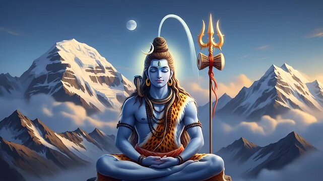 Divine Lord Shiva in Deep Meditation with His Trident Atop the Majestic, Snowy Himalayan Mountains.