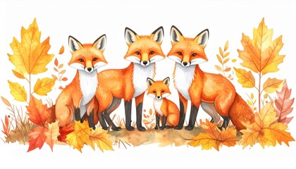 Fox Family Amidst Autumn Leaves in a Watercolor Art with White Background