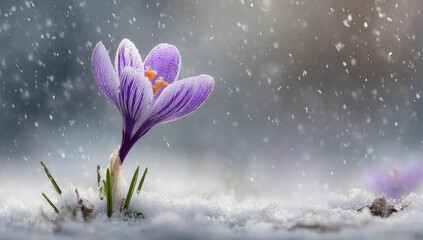 A lone crocus, vibrant purple and white, stands tall amidst a light snowfall.  Soft sunlight filters through the falling snow, illuminating the delicate flower and its emerging green stems