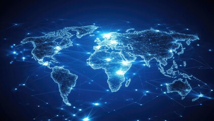 Global network map.  Detailed world map overlaid with a network of glowing connections.  Bright, luminous points accent key locations.  Dark, rich blue background.  