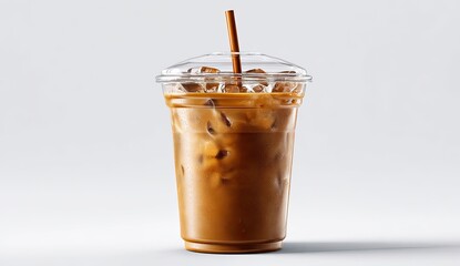 Clear plastic iced coffee cup with straw