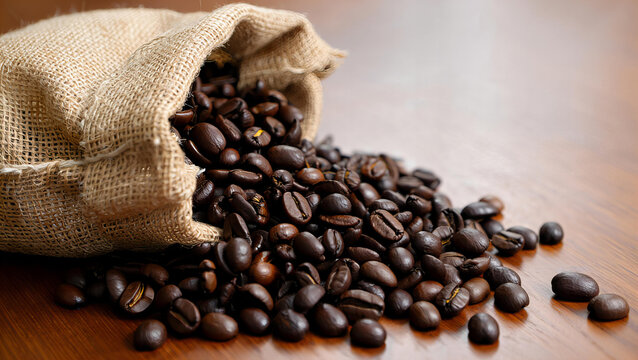 Roasted coffee beans spill out of a burlap sack onto a wooden surface