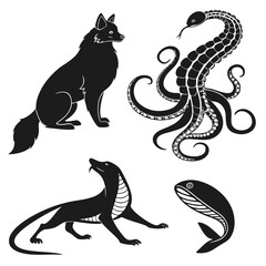 Black silhouettes of a wolf, octopus-snake, seal, and whale vector illustration