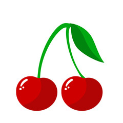 Two cherries with leaf and stem, flat vector icon