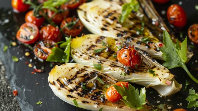 A light and refreshing summer dish the grilled endive is topped with juicy cherry tomatoes and a citrusy dressing.