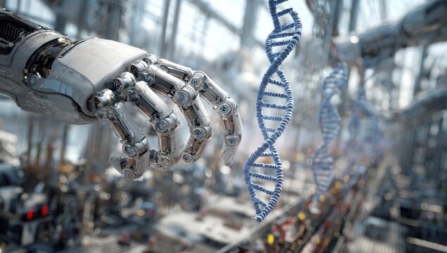 Metallic robotic hand near DNA strand. Industrial setting - Powered by Adobe