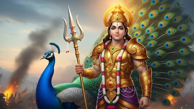 Epic Animation of Hindu God Lord Murugan with his Peacock on a Fiery Battlefield of Victory.