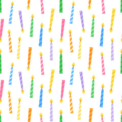 Seamless pattern with colorful striped birthday candles and bright flames on a white background. Playful festive design for wrapping paper, party invitations, and celebration decor