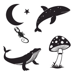 Silhouette collection of moon star scorpion whale and mushroom on white background crescent moon